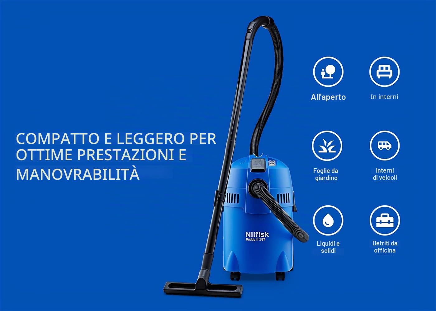 Nilfisk Buddy II 18L T Aspiratore Solidi e Liquidi – Per Casa, Giardino e Auto – Funzioni di Aspirazione e Soffiaggio per Interni ed Esterni (1200 W)