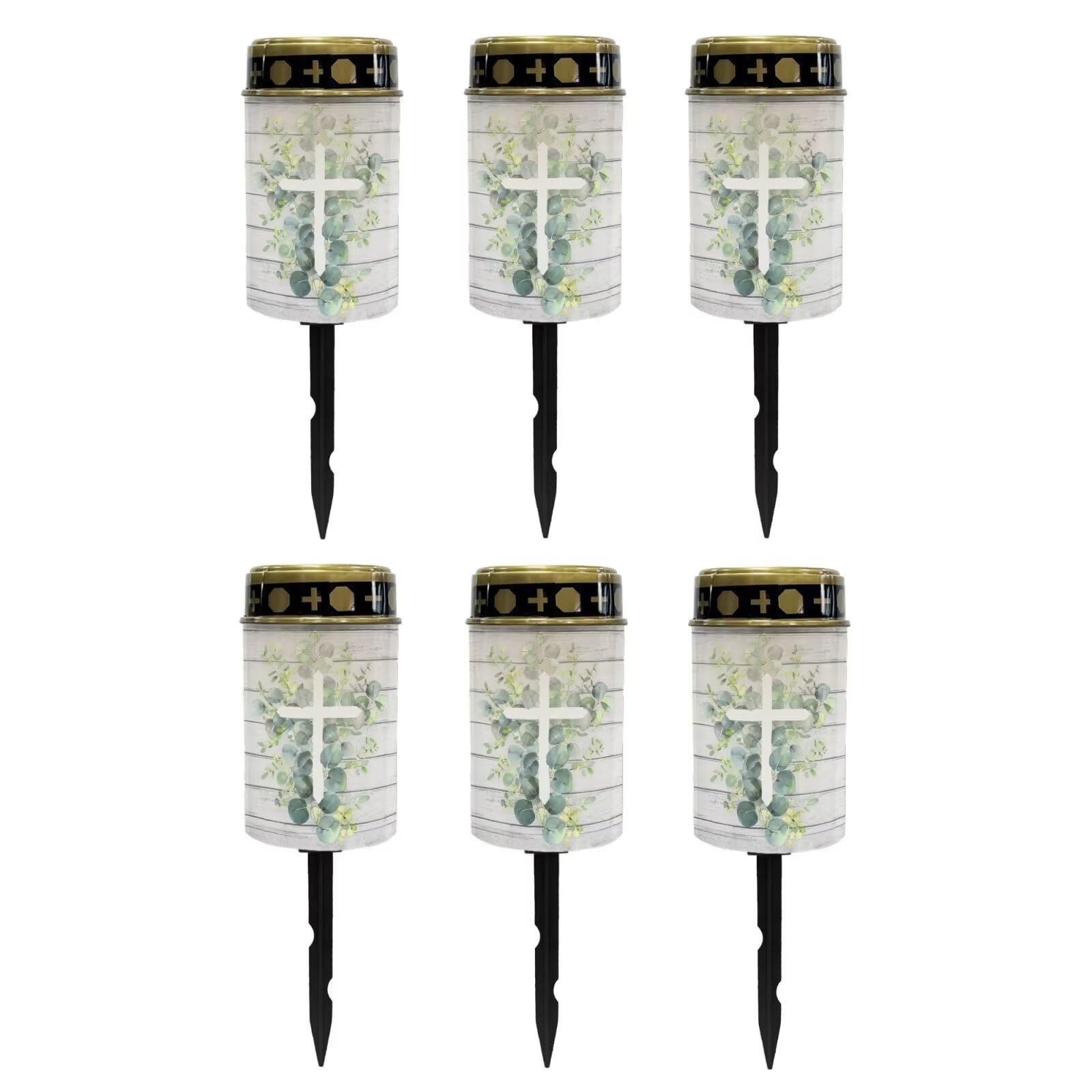 Poceacles Cross Solar Lights Outdoor Grave Solar Lights for Cemetery Decoration Solar Outdoor Lights Cemetery Solar Lamp for Garden Backyard Pathway Decor, Eucalyptus Leaf Cross Wood Grain, Pack of 6