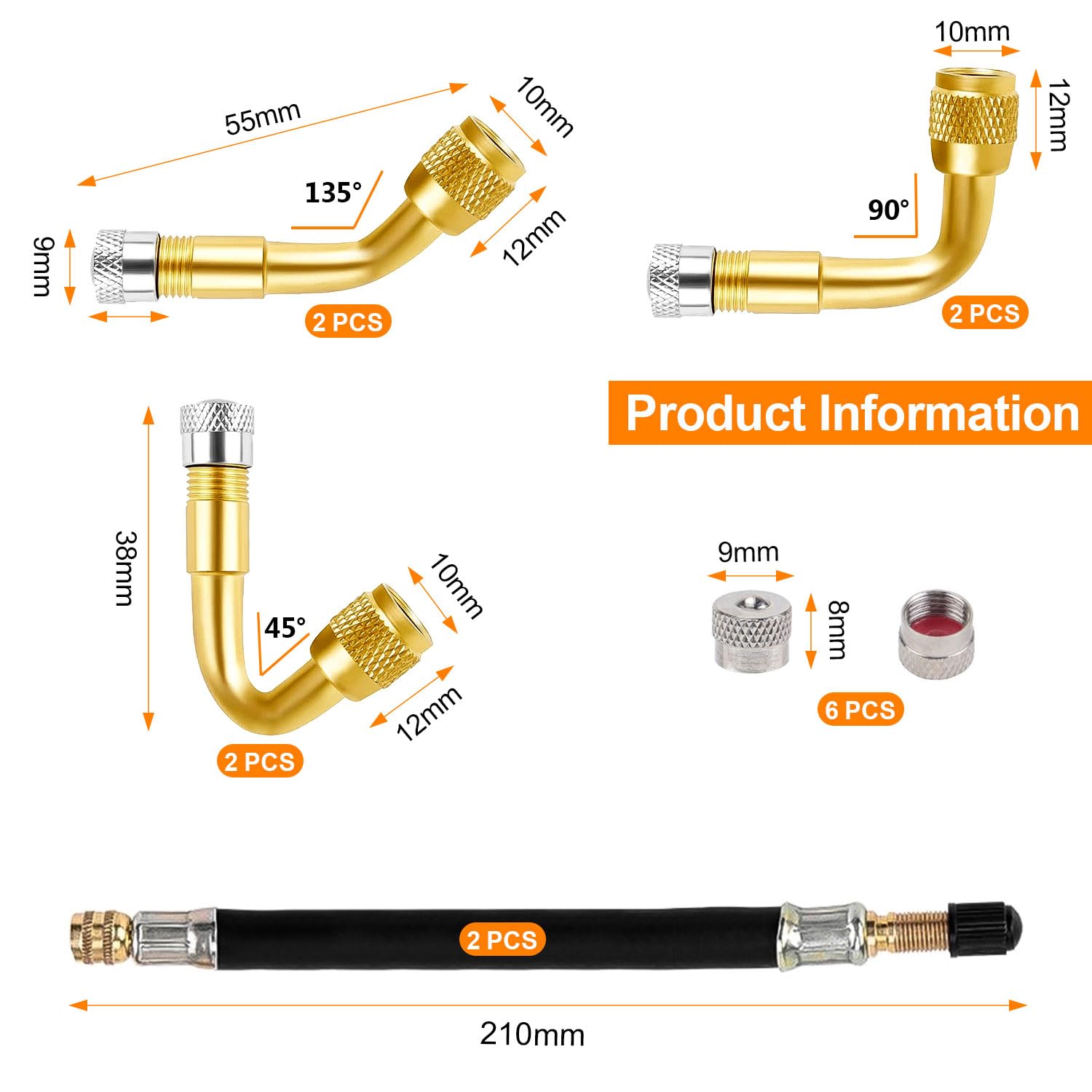 Prolunga Valvola Pneumatici Set, 6 Adattatori per Valvola 45 90 135 Gradi con 2 210 mm Tubi di Prolunga in Gomma e 6 Cappucci per Valvole, per Auto, Moto, Biciclette (Nero)