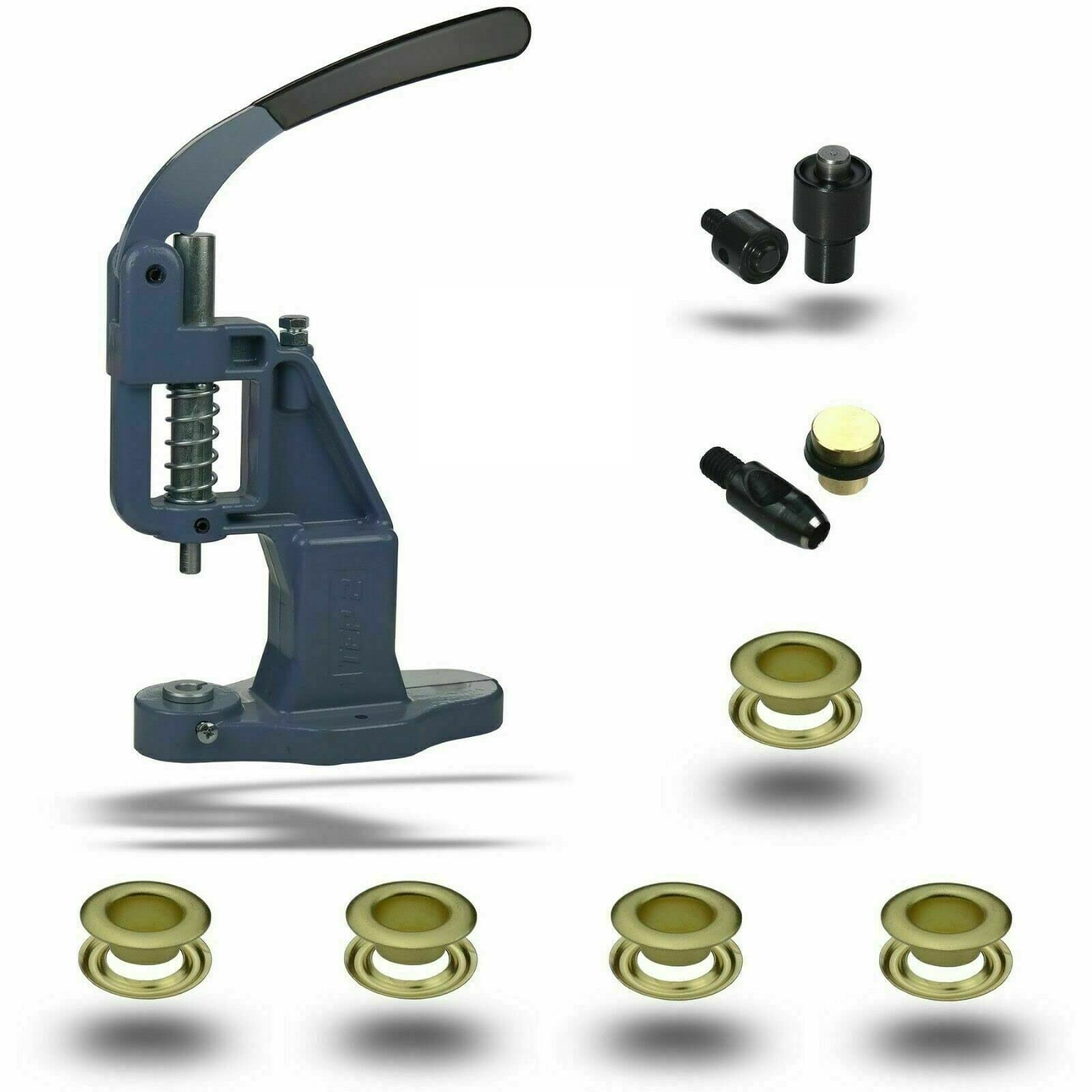 ISTA TOOLS Prensa de ojales + 120 ojales (T-1) + herramienta de inserción con silbato perforado, ojales de latón, ojal metálico, ojal redondo con disco, latón, inoxidable (17 mm, amarillo)