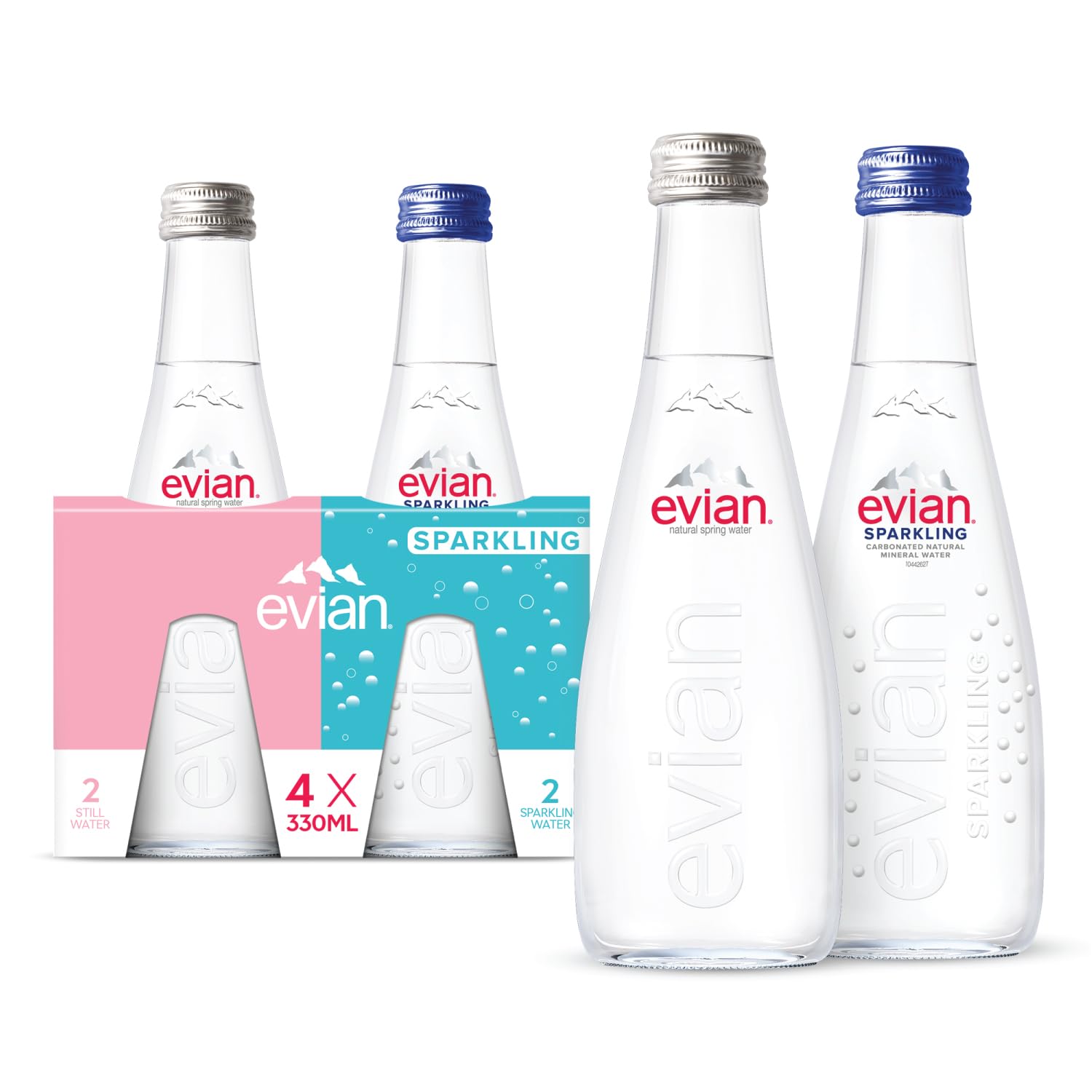Evian Natural Mineral Water Duo Pack, 2 Sparkling And 2 Still Drinking Water, 330ml X 4 Glass Drinking Bottles, Naturally Filtered Water Crafted By Nature