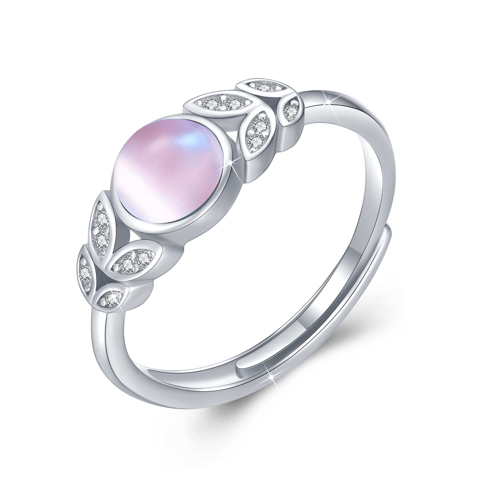 JFASHOP Opal Ring 925 Sterling Silver Ring Women's Adjustable Open Leaf Rings Rainbow Moonstone Jewelry Mother's Day Gifts Valentines for Girls