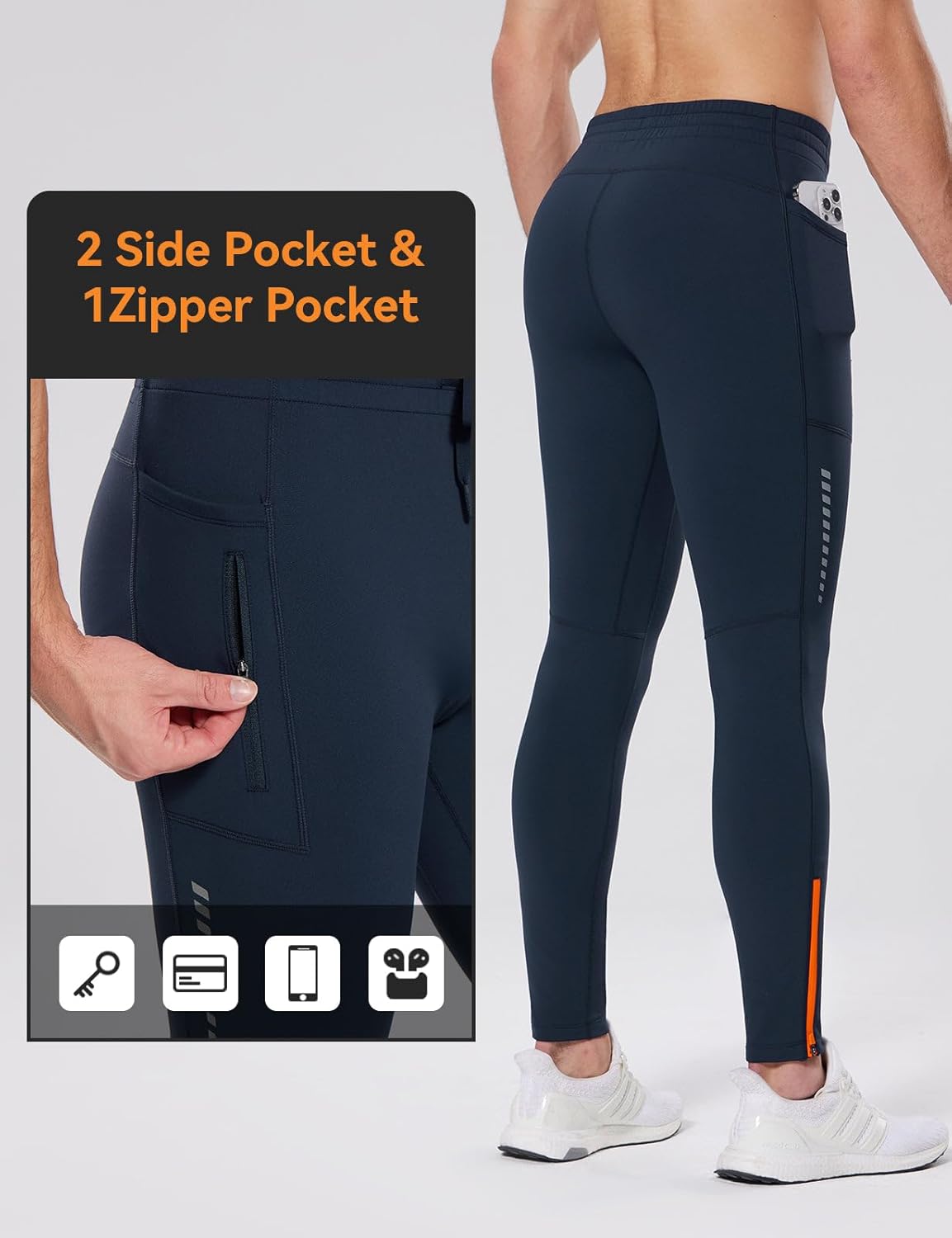 baleaf Men's Thermal Running Tights Fleece Compression Leggings Winter Pants Zipper Pockets Cycling Gear Cold Weather - Image 2