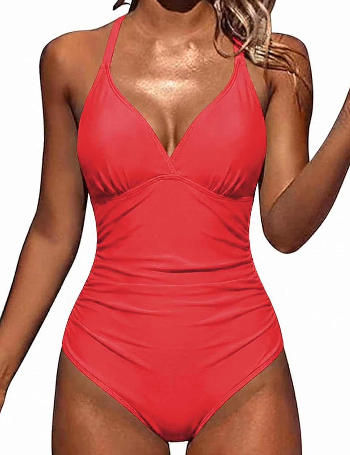 Hilor Women's Tummy Control One Piece Swimsuits Halter V Neck Push Up Slimming Bathing Suits Ruched Swimwear - Image 5