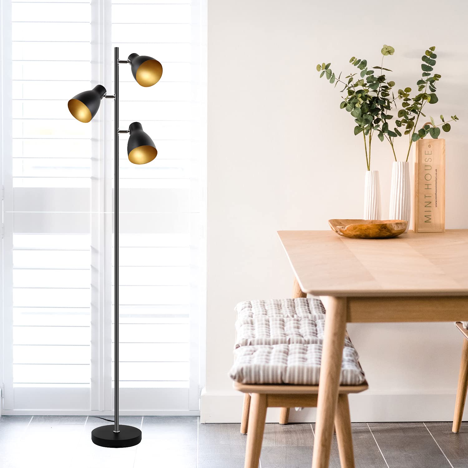 Lese-Stehlampe Baum-Stehlampe, Schwarz-Gold, 3 verstellbare Lichter | Retro-Metall, E14, 168 CM, Unabhängige Steuerung, Für Wohn- und Schlafzimmer