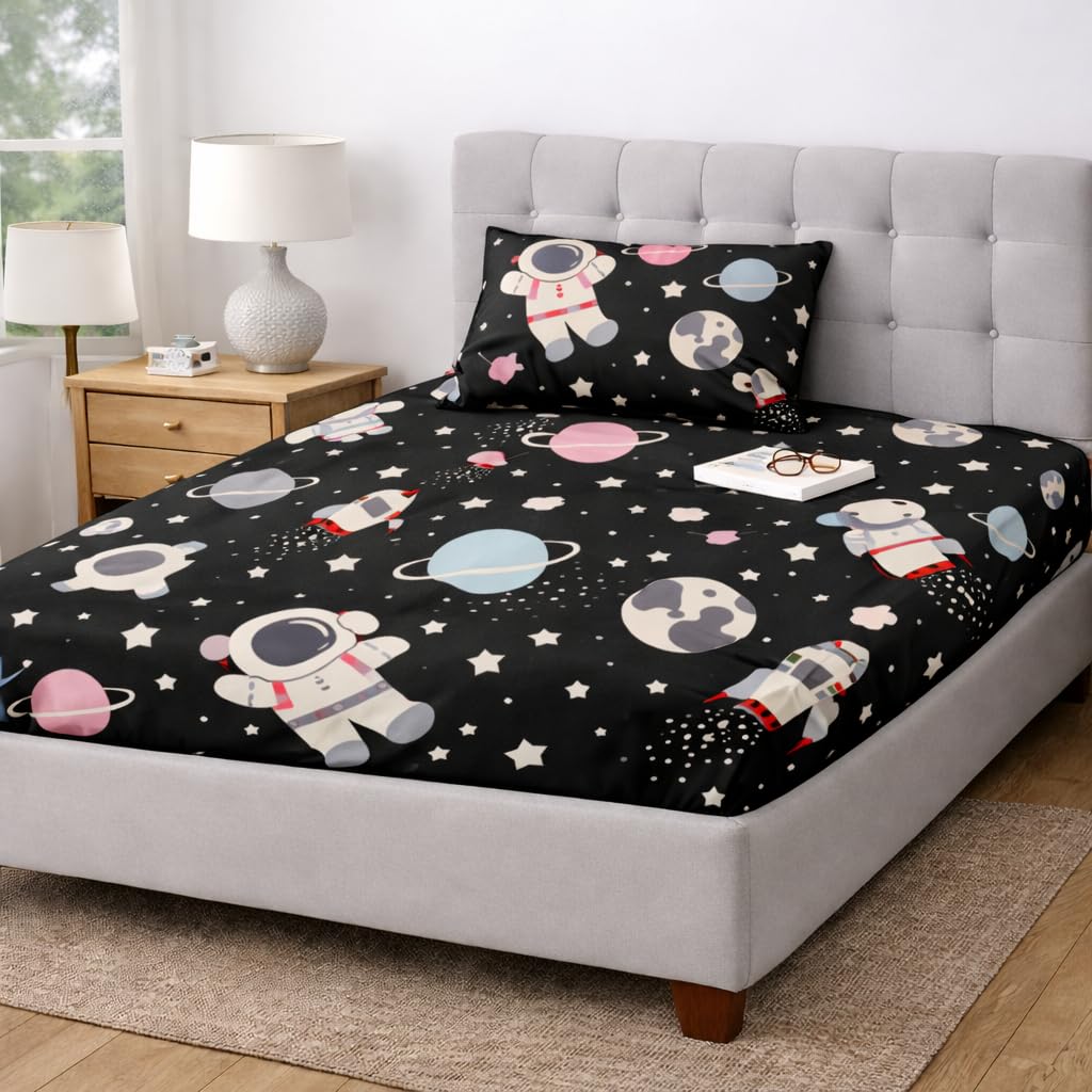 Premium Cotton Elastic Fitted Bedsheets with 1 Pillow Covers |Floral Printed Single Bed Elastic 220 TC Supersoft Breathable & Wrinklefree | for 72x36+6 Inches, Galaxy Night-image-10