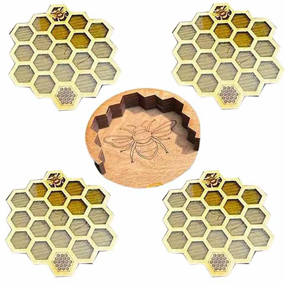 CTRLZS Coasters Set for Drinks with Holder, 4Pcs Honeycomb Shaped Drink Coasters, Mug Coaster for Cold/Hot Drinks Easy to Use