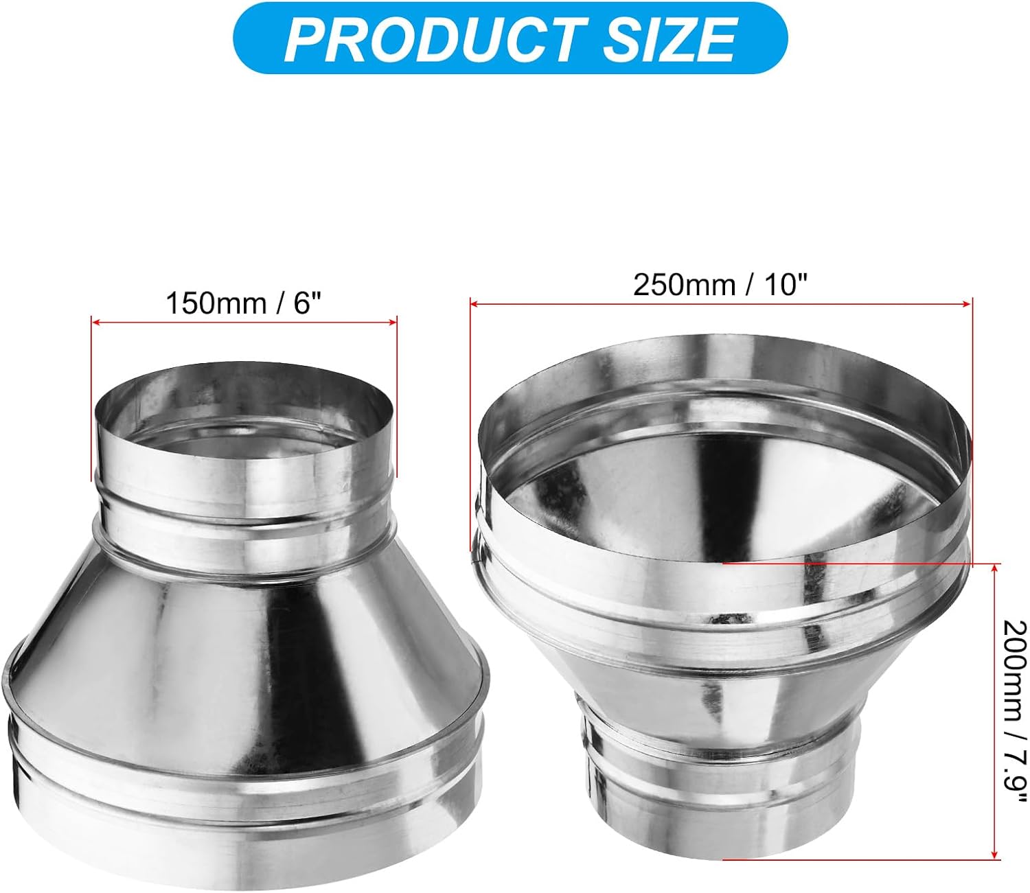 PATIKIL 10 Inch to 6 Inch Round Duct Reducer Increaser Connector, Galvanized Steel Adapter Pipe Fitting for Bathroom Kitchen Ventilation Systems, Silver Tone