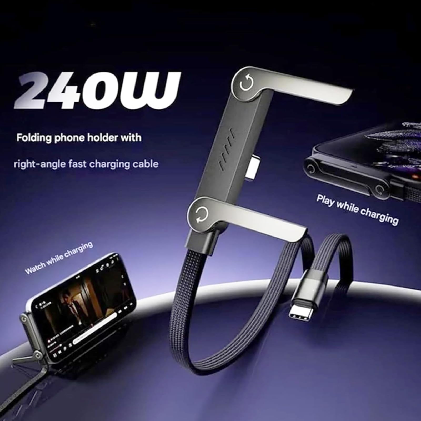 Cargador y soporte para teléfono, cable de carga súper rápida 2 en 1 duradero para juegos y oficina, diseño plegable, ideal para viajes
