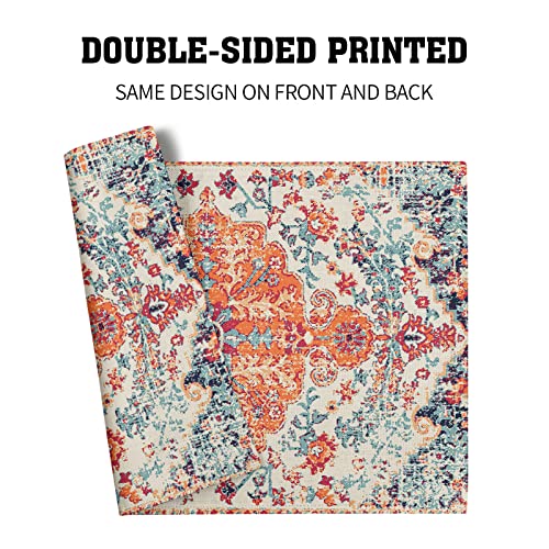 Image of Ethnic Boho Placemats Set of 6 Southwest Orange Blue Teal Carpet Woven Texture Linen Washable Kitchen Dining Table Mats Stain Heat-Resistant Desktop Decor Place Mats for Home Party Indoor 12x18 inch