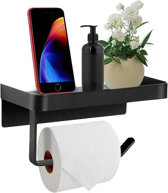 Darnall Toilet Roll Holder with Shelf, SUS304 Stainless Steel in Black 2 Installation Options Self Adhesive or Wall Mounted, Toilet Paper Holder for Bathroom, Bedroom & Kitchen