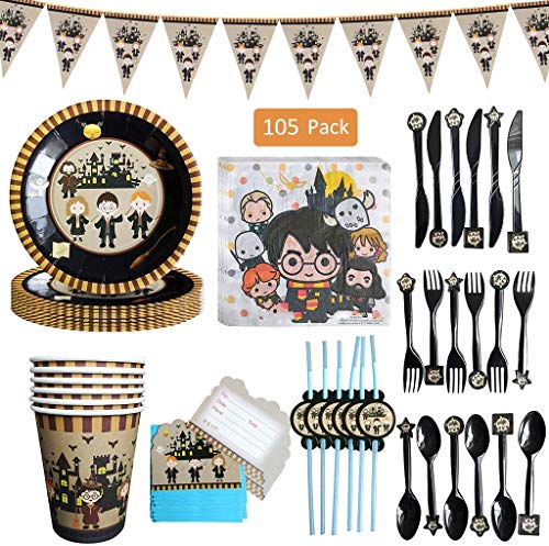 Amycute 105 Pezzi Wizard Tema Forniture per Feste, Piatti di Carta, Bicchieri, Tovaglioli, Cannucce, Striscioni, Coltelli, Forchette e Cucchiai per Festa di Compleanno per Bambini