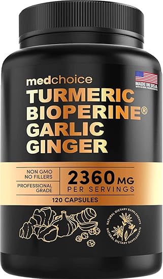 4-in-1 Turmeric Curcumin with Bioperine 2360mg (120ct) 95% Curcuminoids, Ginger Root, Garlic Pills, & Black Pepper - Curcumin Supplements for Joint, Digestion, & Immune Support