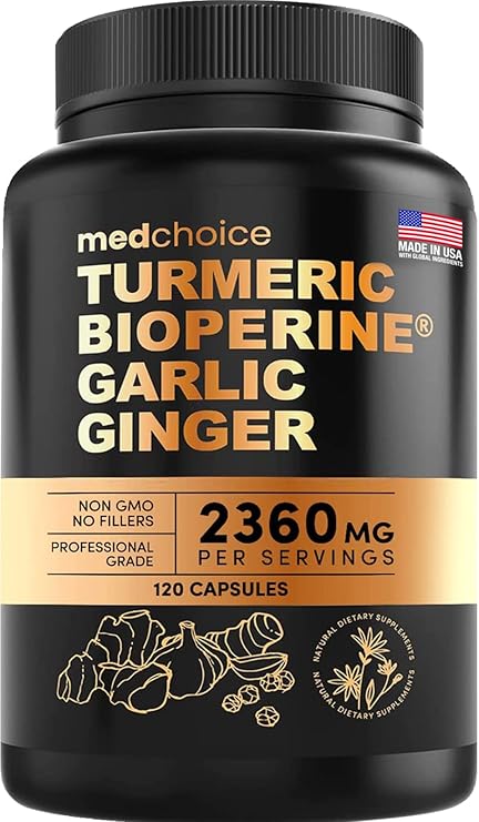 4-in-1 Turmeric Curcumin with Bioperine 2360mg (120ct) 95% Curcuminoids, Ginger Root, Garlic Pills, & Black Pepper - Curcumin Supplements for Joint, Digestion, & Immune Support