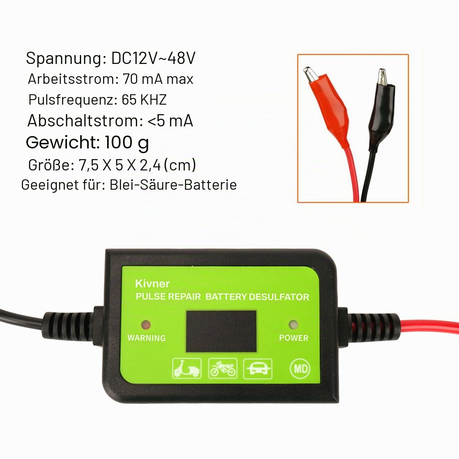 Batteriepulser 12V/24V/36V/48V Automatik - Bleiakku Regenerator & Desulfatierer für Auto, Motorrad, Wohnmobil & Solar-Systeme bis 200Ah - Verlängert die Lebensdauer (Modell KVN-BTF48-70)