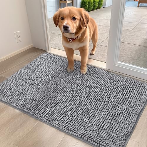 RUJDVEII Dog Door Mat Soft Microfiber Dog Mat for Muddy Paws Absorbent Muddy Paws Door Mat with Non Slip Backing Dog Rugs for Muddy Paws Quick Dry Mud Rug for Entry & Indoor (20”X30”, Grey)