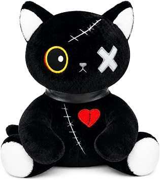 13.8 Inch Gothic Black Cat, Zombie Cat Stuffed Animal | Soft Huggable Black Plush Toy with Embroidery Stitch Wounds & Cracked Red Heart,Decor Gift for Kids Teens Goth Lovers