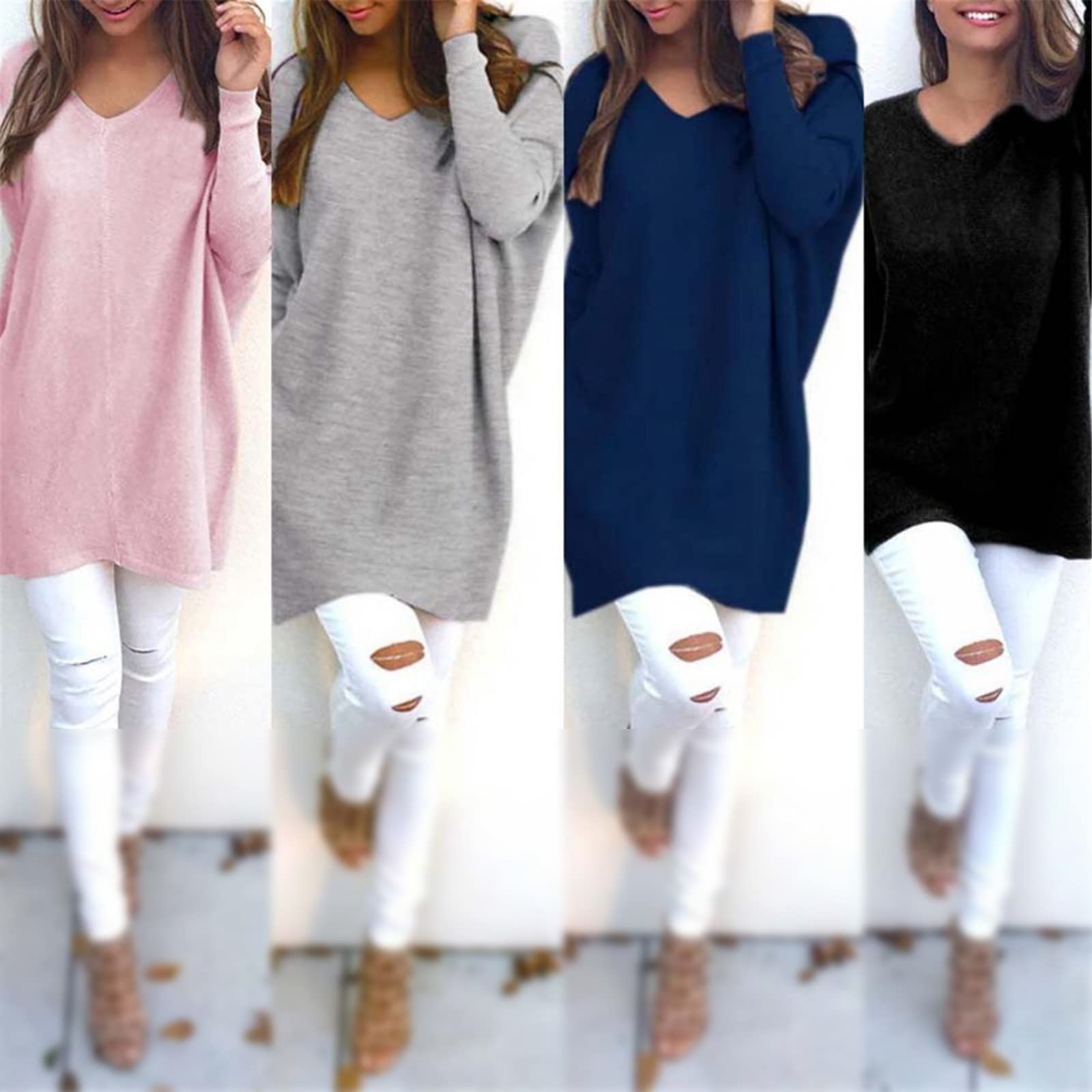 Kelsiop Damen Pullover Casual Langarm V-Ausschnitt Lose Strickpullover Top Pullover Mode Lose Shirt