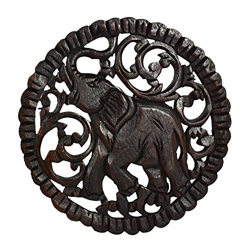 Serenity Elephant Hand Carved Round Teak Wood Wall Art 10 inches