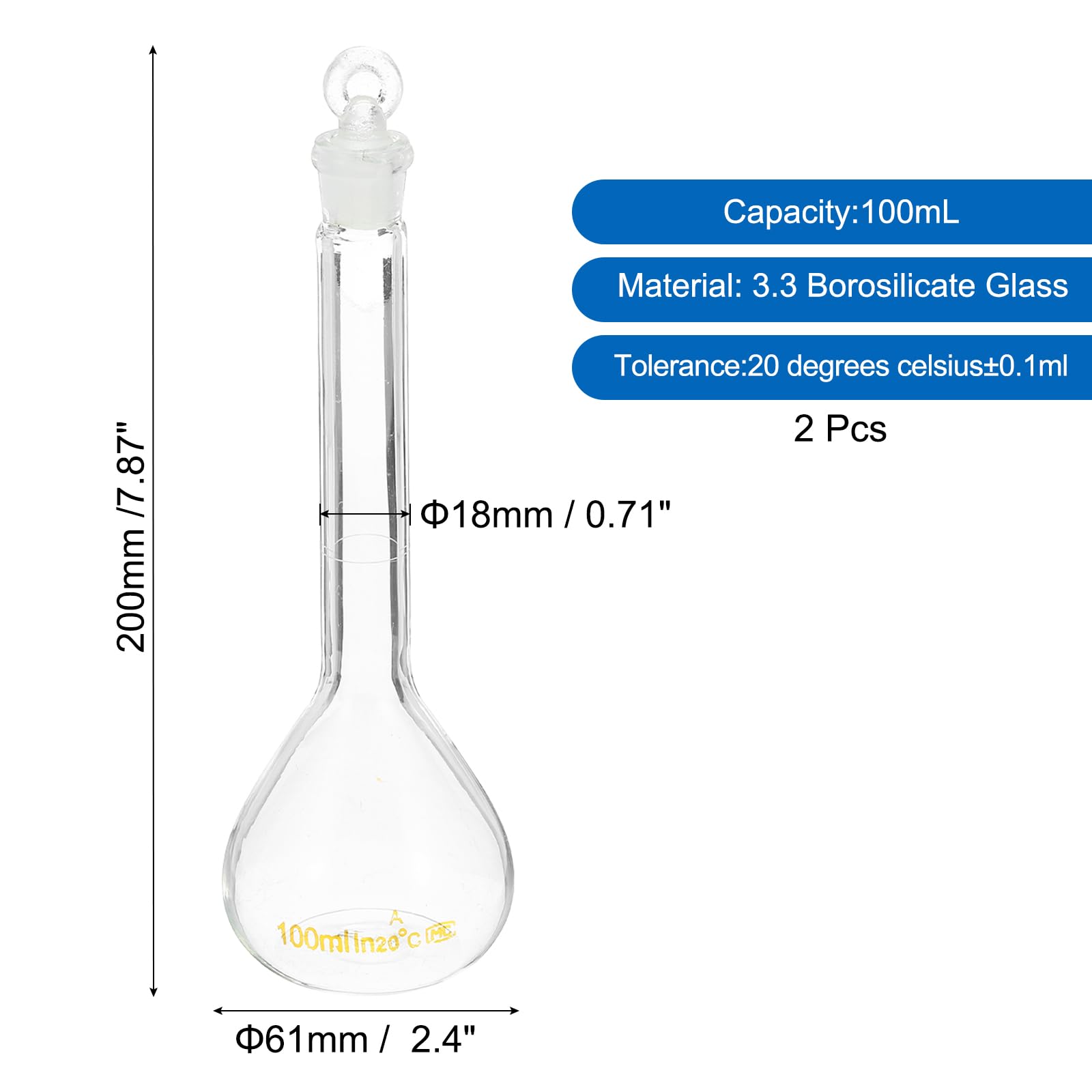 PATIKIL Matraz Volumétrico de 100 ml, 2 Unidades de Matraz Volumétrico Graduado de Vidrio Borosilicato 3.3 con Tapón de Vidrio, Tolerancia de 0.14 ml, Transparente