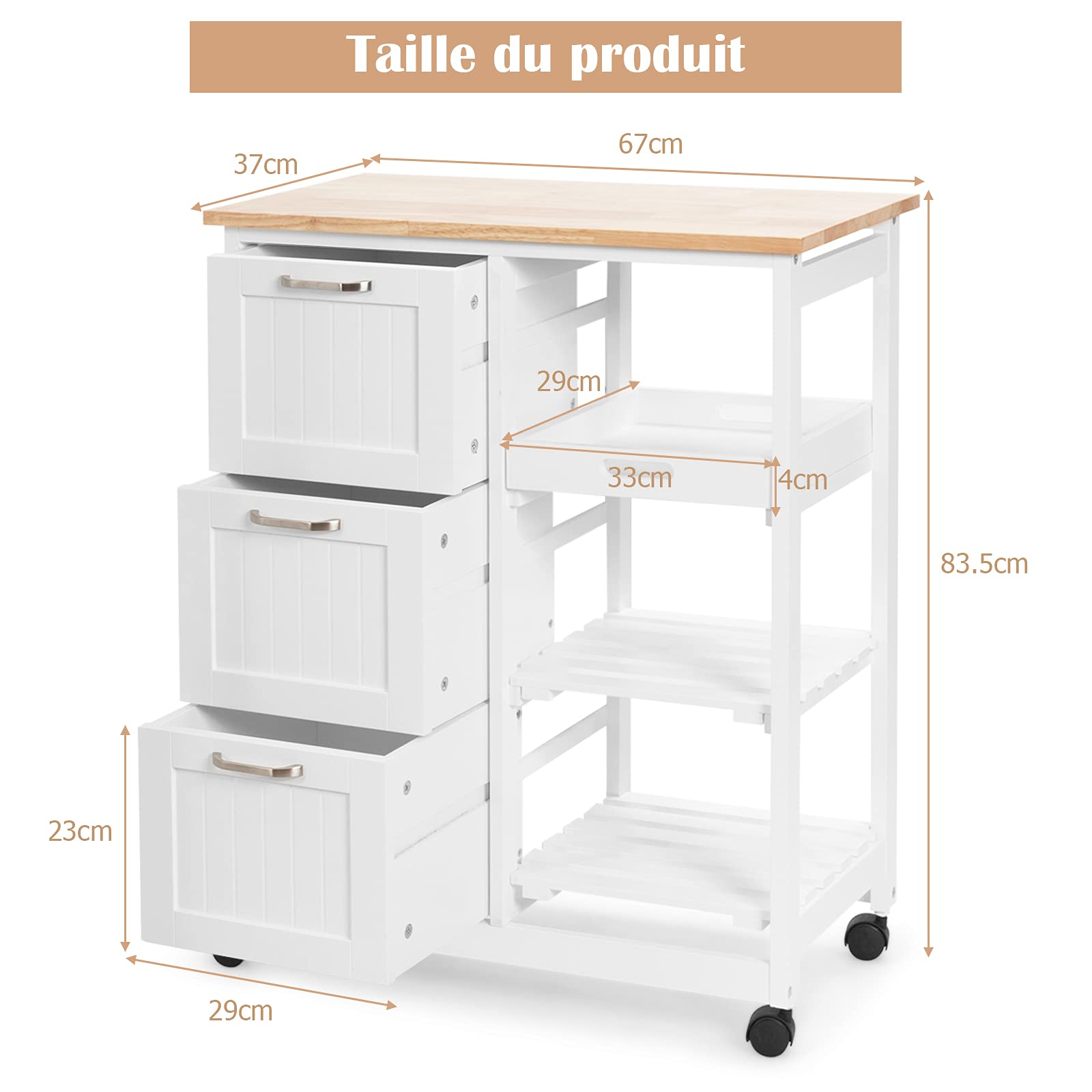 GOPLUS Desserte de Cuisine à roulettes, Chariot de Cuisine en Bois avec 3 Tiroirs, 3 Étagères, Plateau Amovible, 67 x 37 x 83,5 CM, Blanc