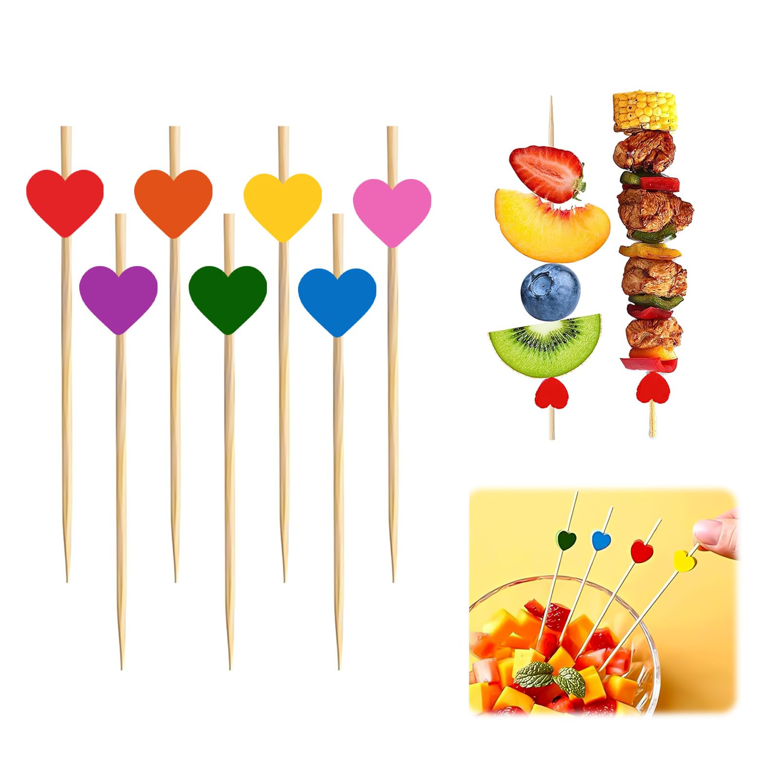 COCOMAX 100 Pcs 12 cm Heart Cocktail Sticks, Multi-Coloured Food Picks, Cocktail Accessories for Drinks and Food at Buffets Kebabs Burgers and Fruit for Party Food Decorative Skewer Sticks