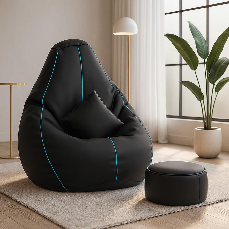 Image of Biggie Bean Bag Chair 3XL with Beans Filled-Piping Luxe Set- Bean Bag with 3D Piping-Crafted for Comfort-Styled for Elegance with Free Cushion & Footrest (Matching Color : Piping, Black Teal)