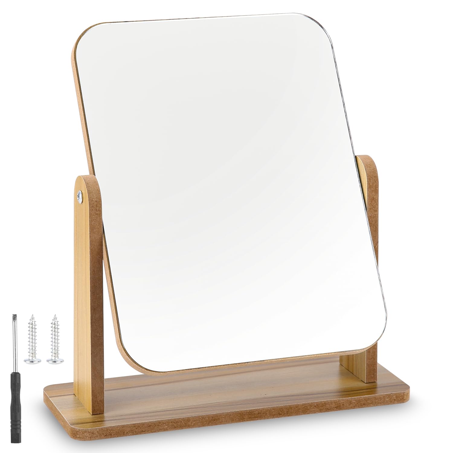 Zhufas Small Standing Mirror Wood Standing Mirror Table Mirror 360 Degree Rotation Wood Table Mirror 25x22cm for Dresser Desk Bedroom Bathroom