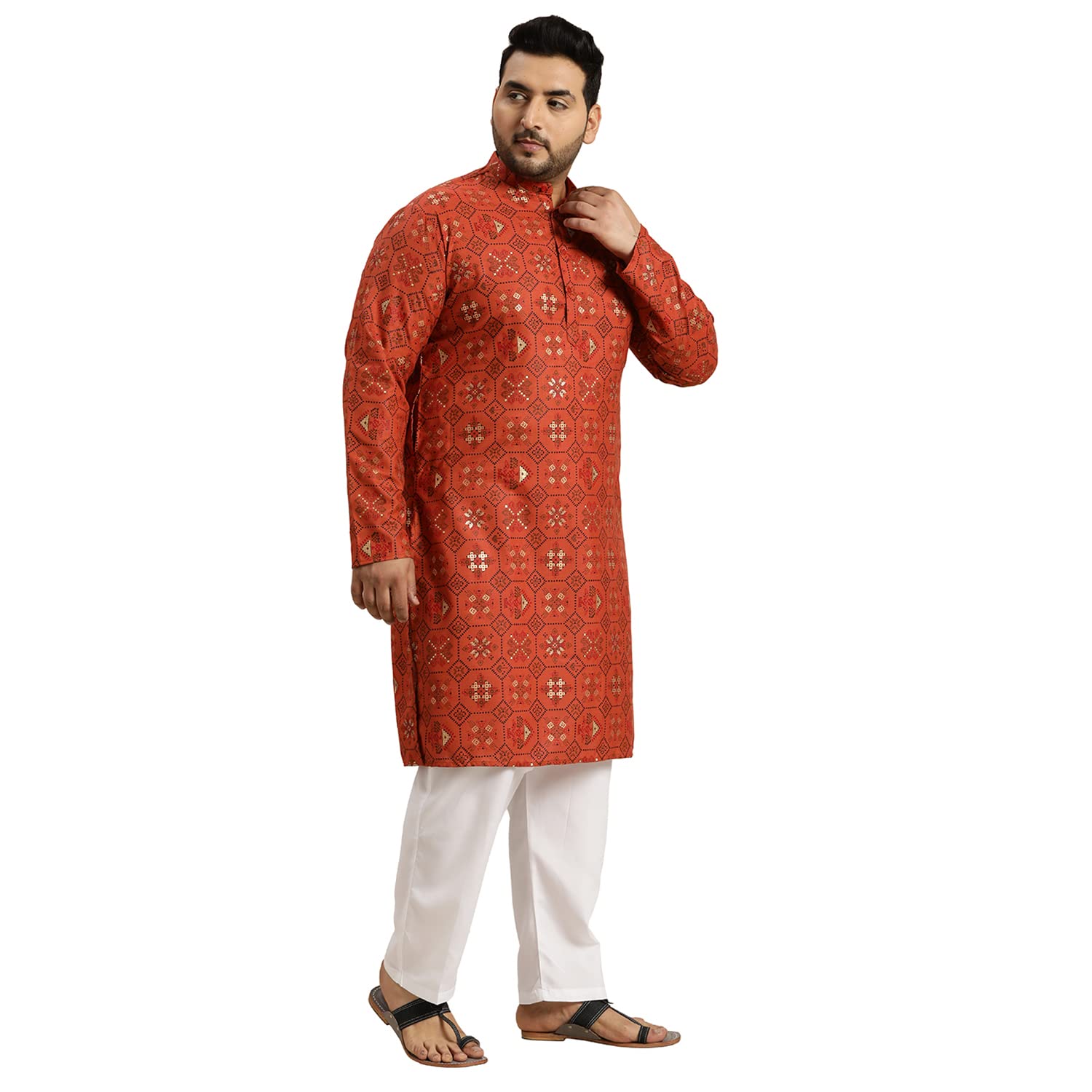 Sojanya Plus (Since 1958) Men's Cotton Linen Orange And Multi Printed Kurta And White Pyjama Set