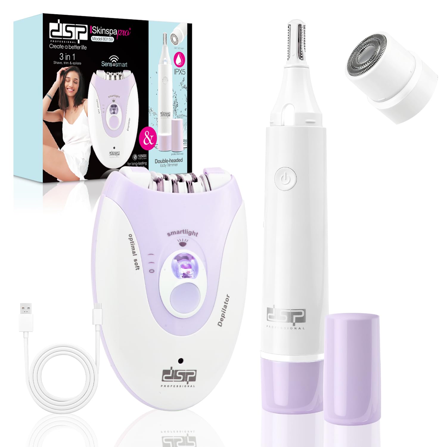 DSP dispositivo de depilación para mujeres, recortador de cejas para mujeres, 2 niveles de velocidad para depilación, recortador de vello para piernas, rostro, zona del bikini y brazos, afeitadora fac