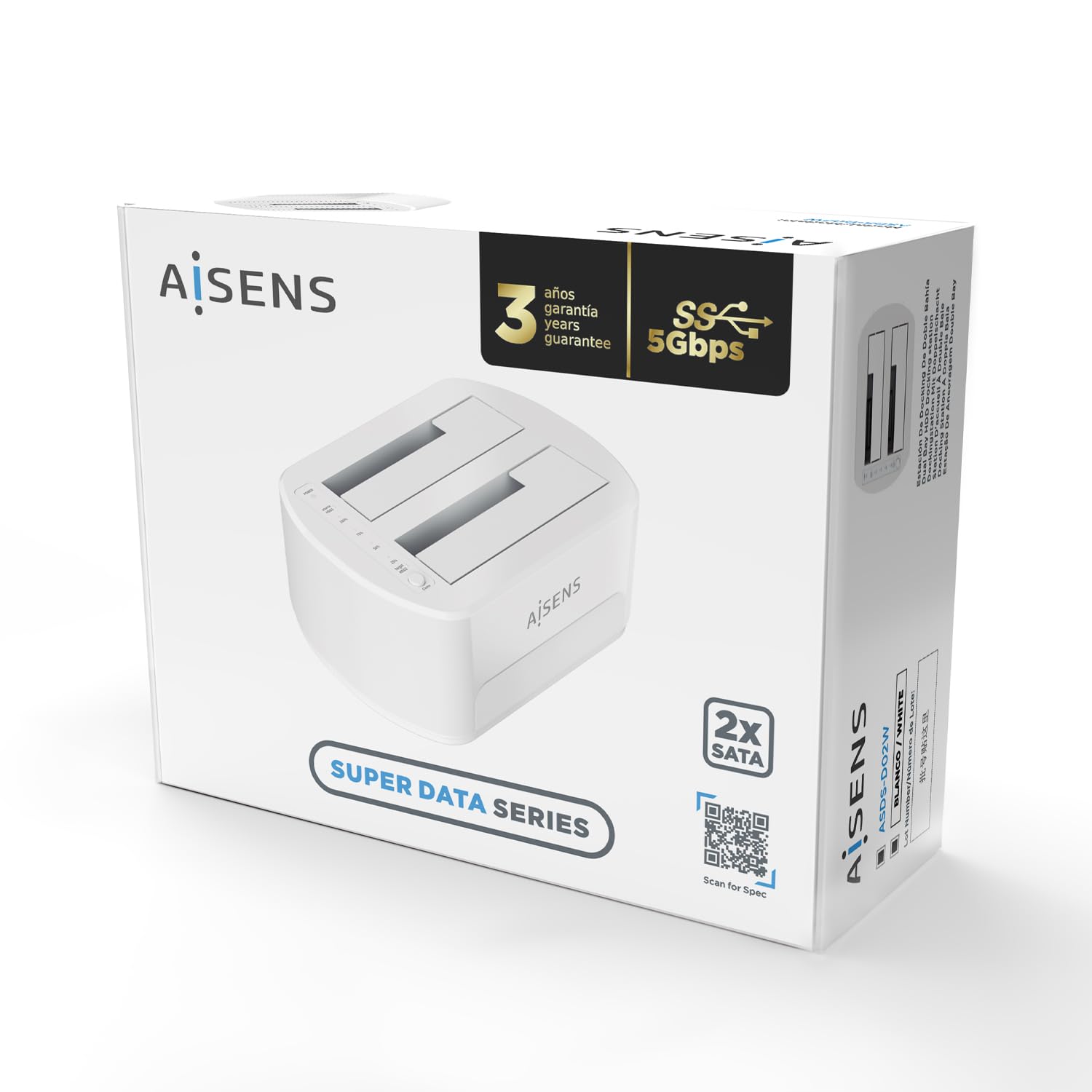 AISENS - ASDS-D02W - Station d'accueil Double Baie Asds-D02W SATA 2.5/3.5 A USB 3.0/3.1 Gen1, Clone, Blanc