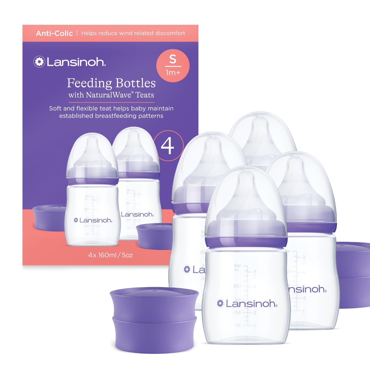 LansinohAnti Colic Baby Bottles - 160ml - NaturalWave® Medium Flow Teats Reduces Nipple Confusion + New Stackable Lid Breast Milk Storage Bottles Breastfeeding Bottle Feeding - Baby Bottle 4-Pack