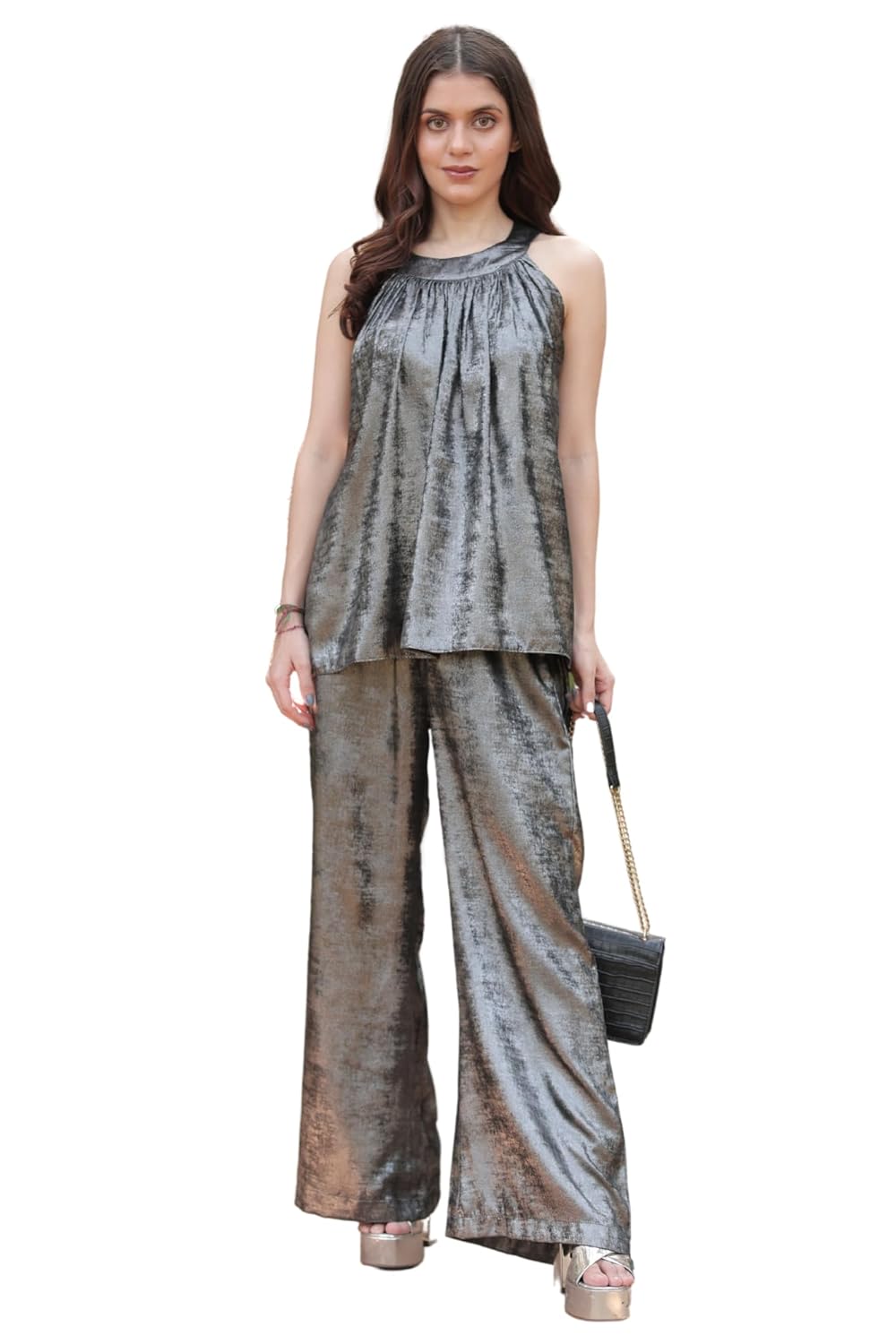 Svamsa Women’s Co-ord Set Stylish Two-Piece Outfit Trendy Matching Top & Pants Set Designer Grey Sparkle Fancy Co-Ord Set Dress