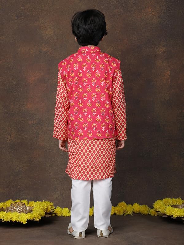 Image of superminis Boys Cotton Printed Full Sleeves Kurta With Ajrakh Printed Jacket and Pyjama Set