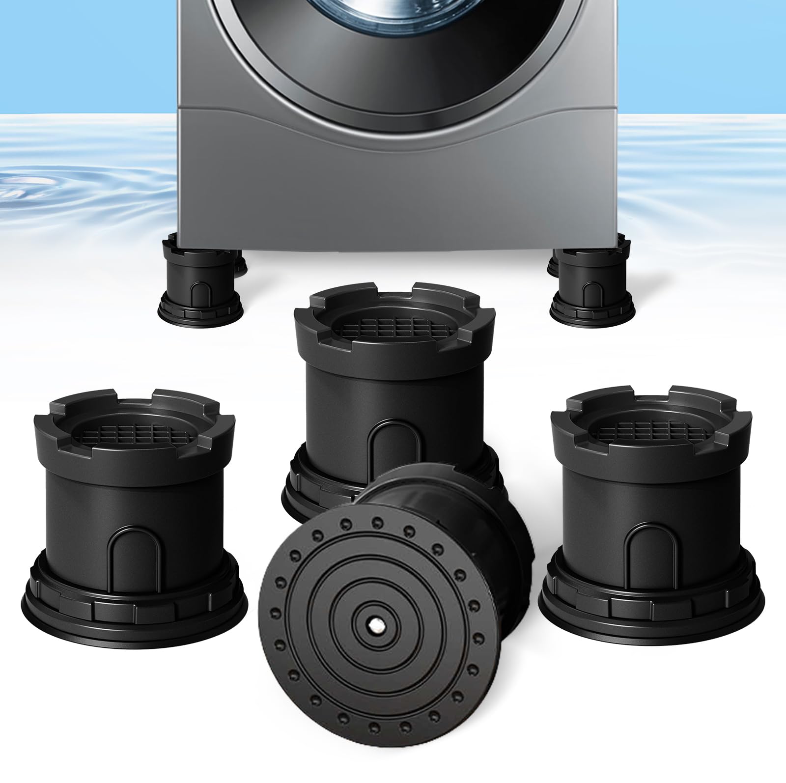 4Pcs Anti Vibration Pads for Washing Machine, Adjustable Height Stops Washer Dryer Moving, Prevents Noise, Vibration Transfer, Antivibration Stabilizer Support Feet with Suction Cup Bottom (Grey)