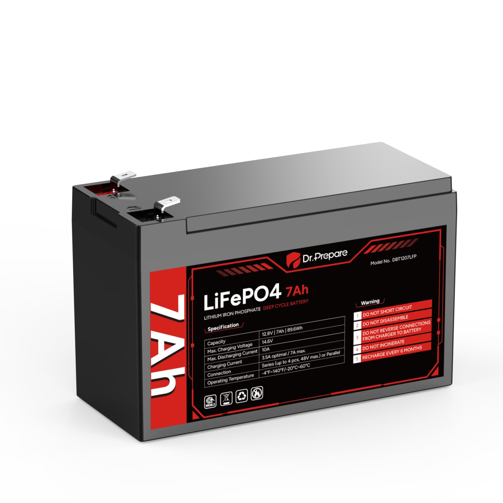 DR.PREPARE 12V 7Ah LiFePO4 Battery, Lithium Batteries 12v with 7A BMS, 4000+ Deep Cycle Lithium Iron Phosphate Rechargeable Battery for Fish Finder, Lighting, Alarm System
