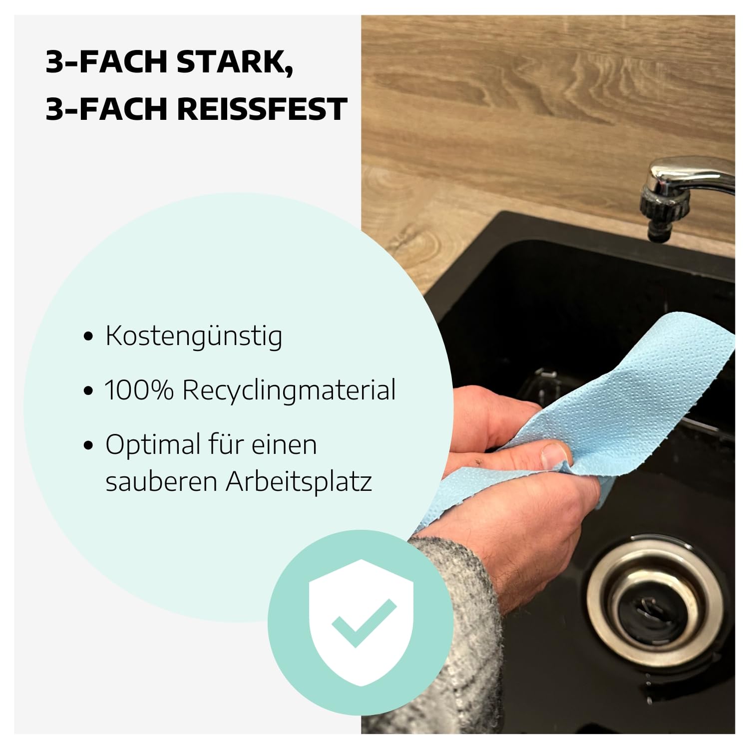 4 x Putztuchrolle blau I 3-lagig-verleimte Papierrolle-Werkstatt mit 500 Abrissen I saugstarke Putzpapierrolle I reißfeste Mehrzwecktücher aus 100% Recyclingmaterial I Werkstatt Tücher