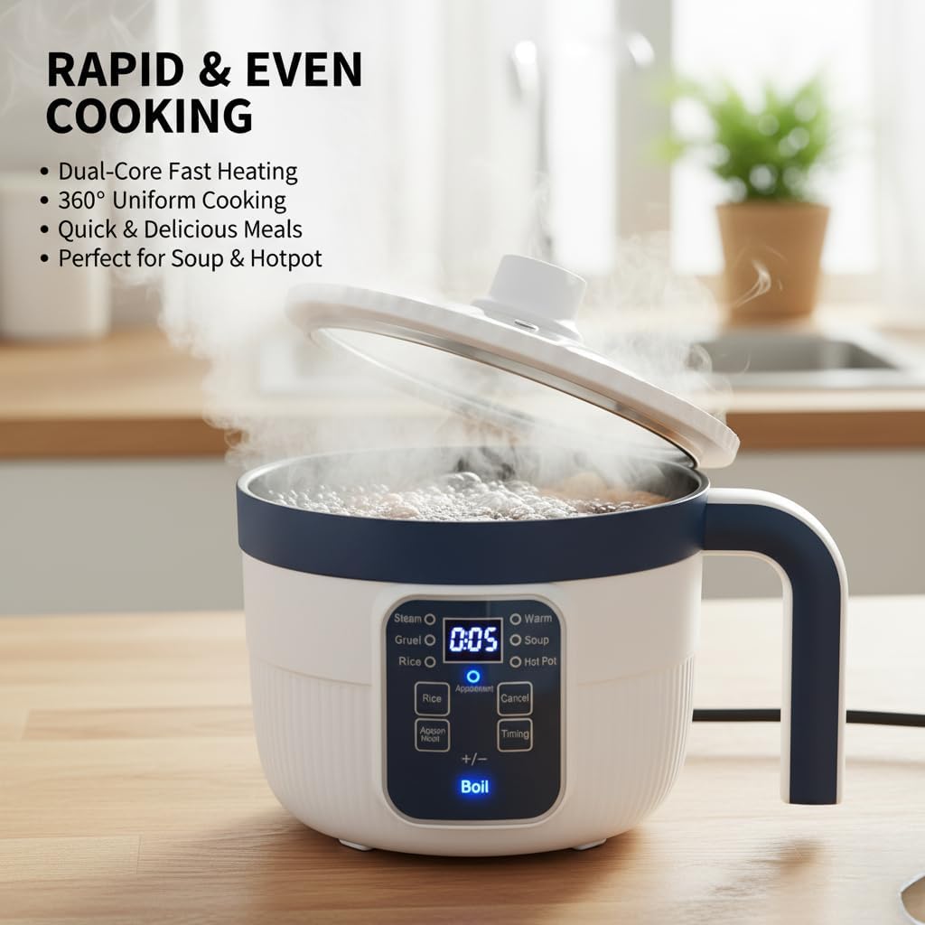 Multi-Functional Electric Pot, 6 Cooking Modes, Mini Steamer, Double-Layer Non-Stick, for 1-2 People