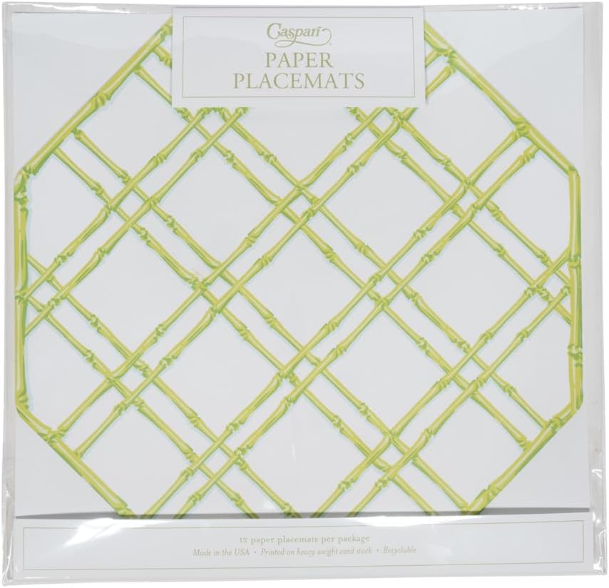 Caspari Bamboo Screen Moss Green Placemats - 12 100% Recyclable Paper mats per Package, 2 Packs