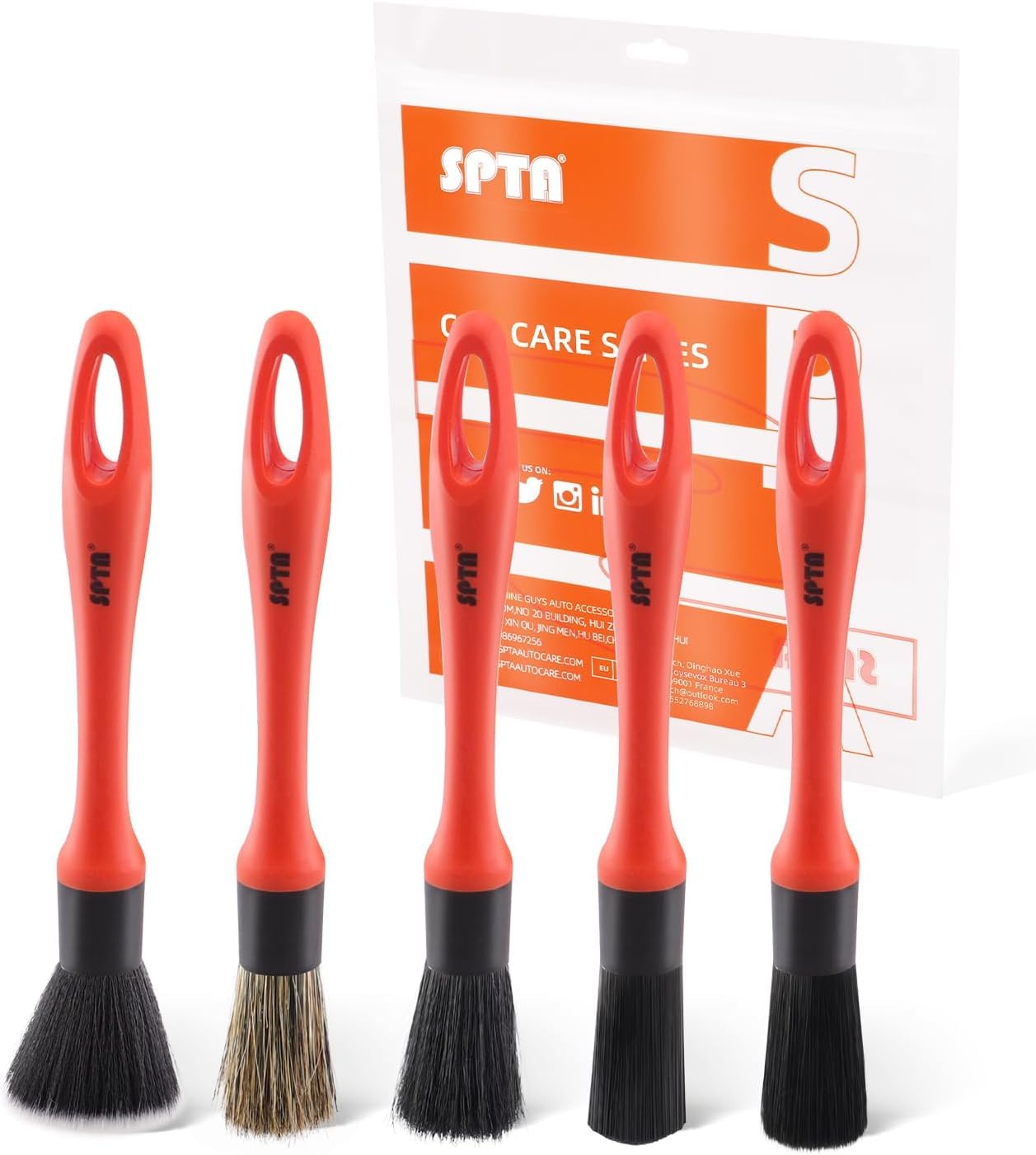 SPTA Detailing Brush Set 5 Different Sizes Premium Natural Hair Mixed Fiber Plastic Handle Car Detail Brushes for Cleaning Wheels, Engine, Interior, Air Vent