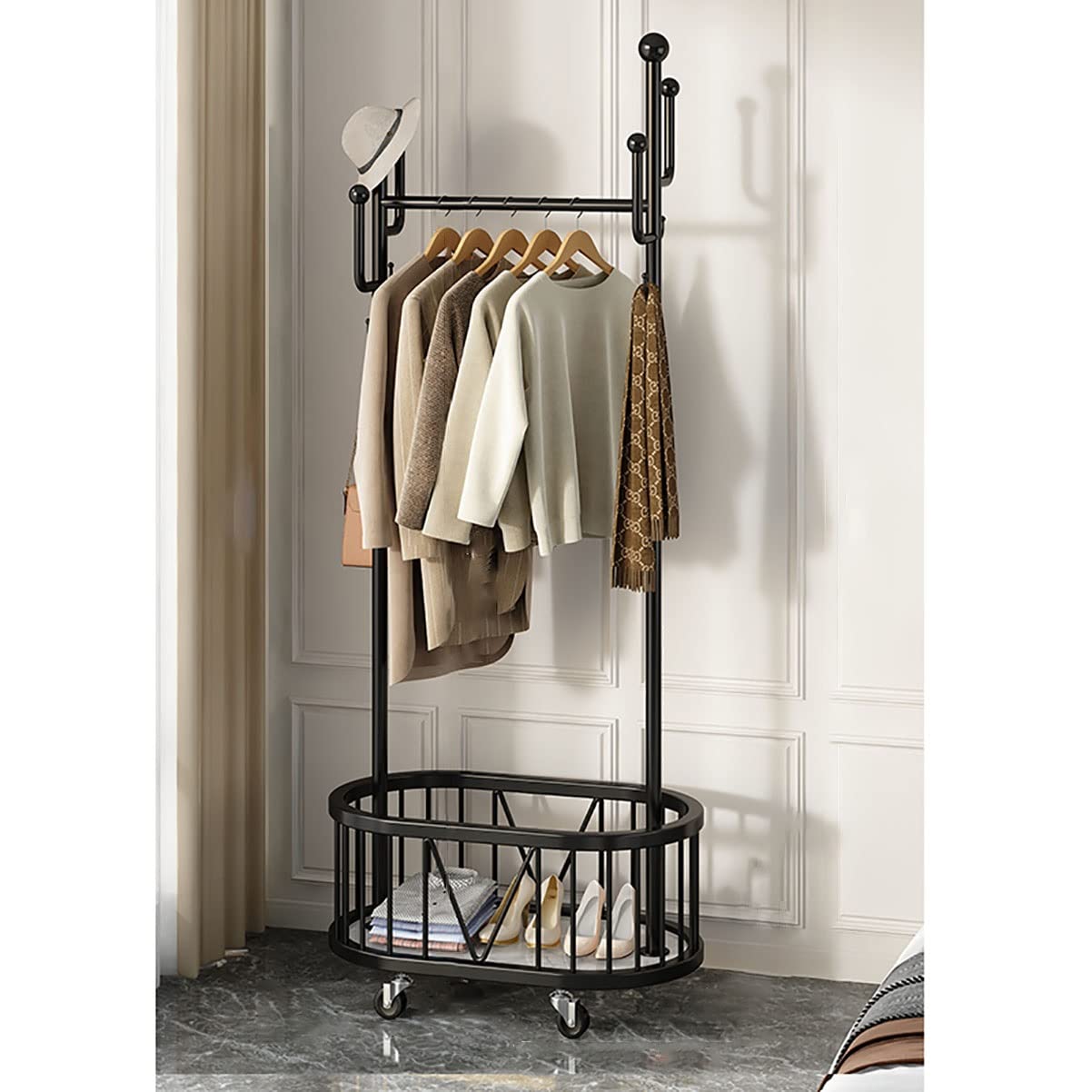 YNBSHGAA Free Standing Garment Rail with Wheels and Storabasket Gold 60cm Clothes Rack for Bedroom and Living Room,Svart-80Cm