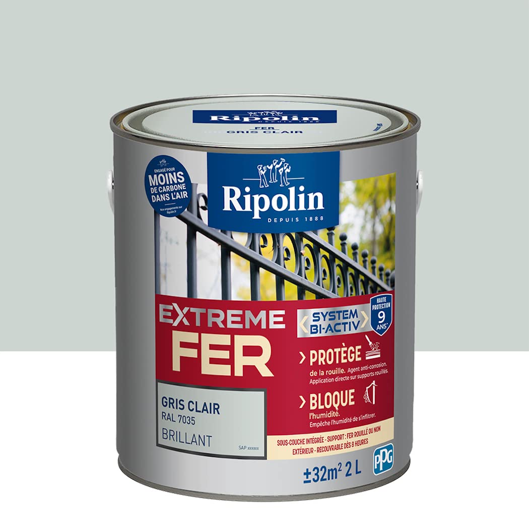Ripolin – Vernice per ferro da esterno, glicero, antiruggine, senza sottostrato diretto sulla ruggine, resistente alle intemperie, ai raggi UV e agli urti, lucida, 2 l, grigio chiaro