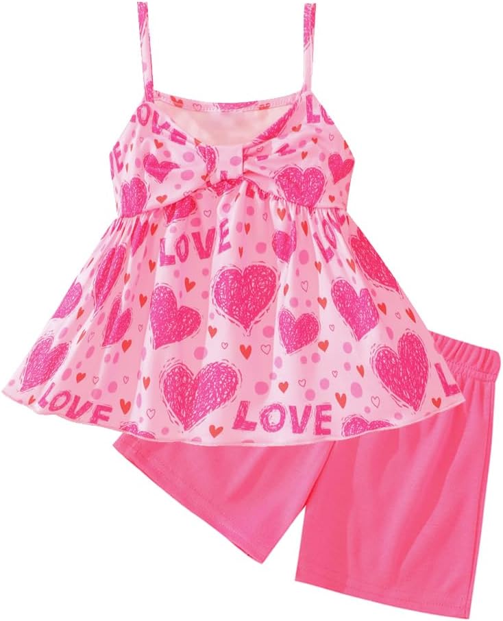 RETSUGO Toddler Girl Short Sets Summer Clothes Two Piece Outfit Bow Knot Sleeveless Tank Top & Shorts Clothing Set 12-18 Months Heart Print