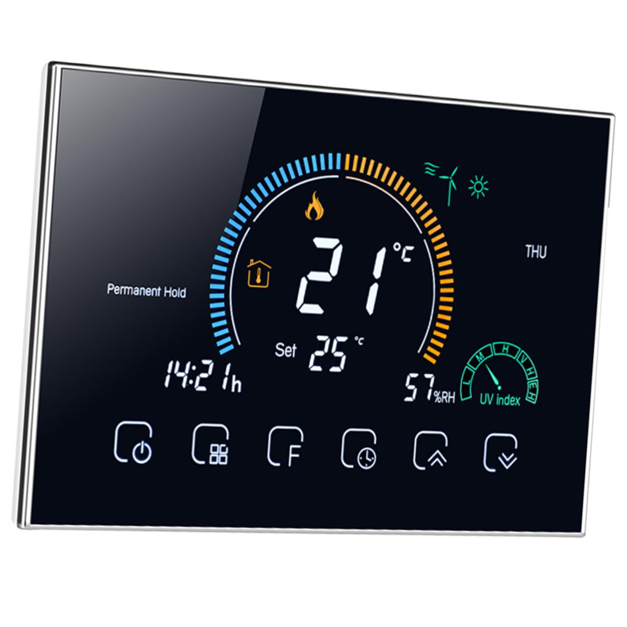 Intelligenter Raumthermostat 95-240v mit 5a Schwarz, Touchscreen | 4, 8 Zoll Lcd, 5-35℃ Einstellbereich, 86mm Kassette und 60mm Rundbox