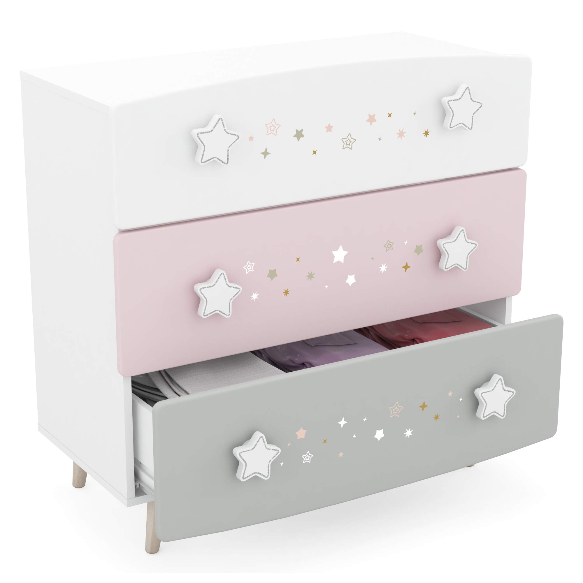 Demeyere Commode Chambre Enfant et Bébé - Poignées Etoiles et Décor à Paillettes – Meuble Rangement Enfant Qui s’Intègre à Notre Collection de Meubles de Chambre d’Enfant