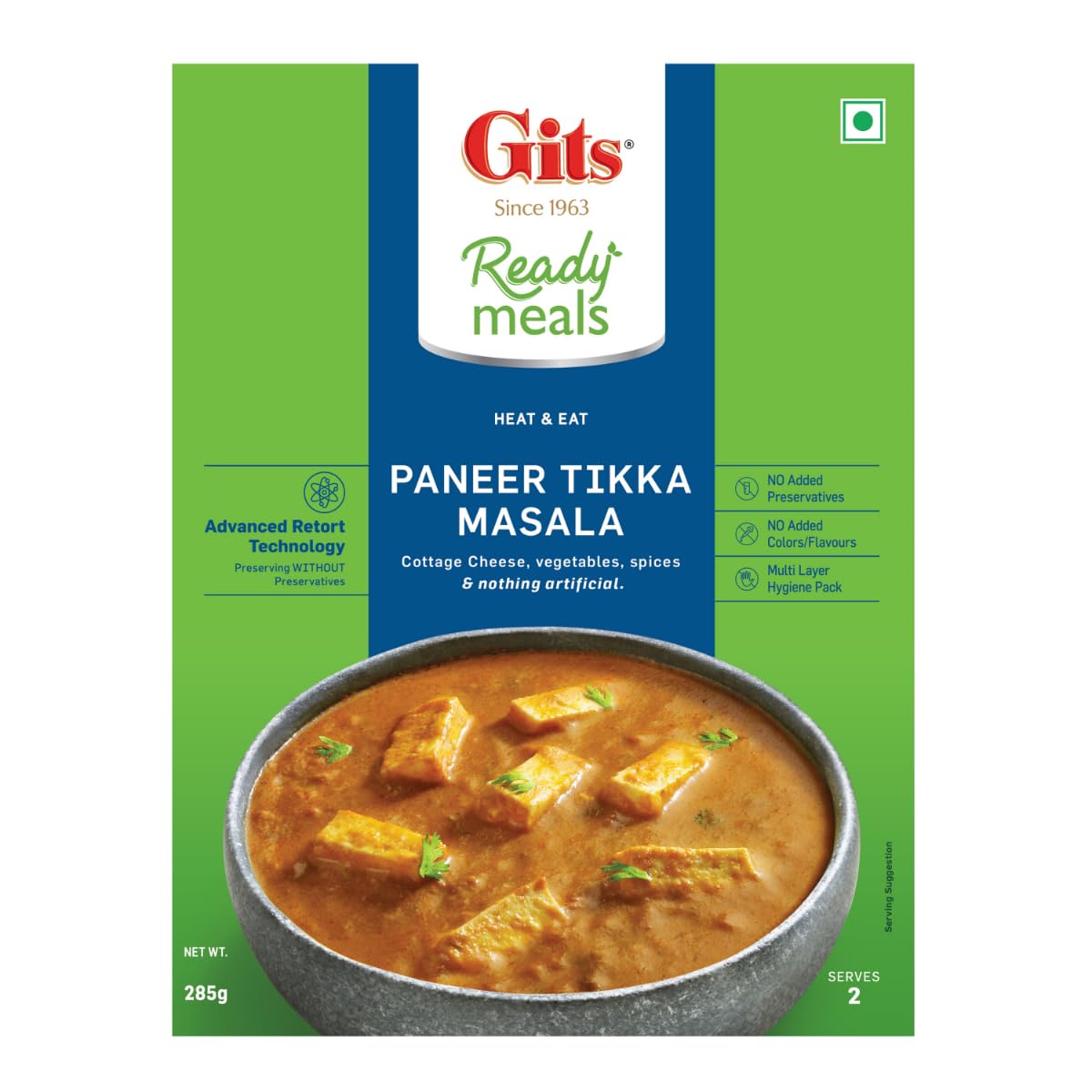 Gits Ready to Eat Paneer Tikka Masala, Pure Veg, Heat and Eat Spicy Curry, Microwaveable, 285g