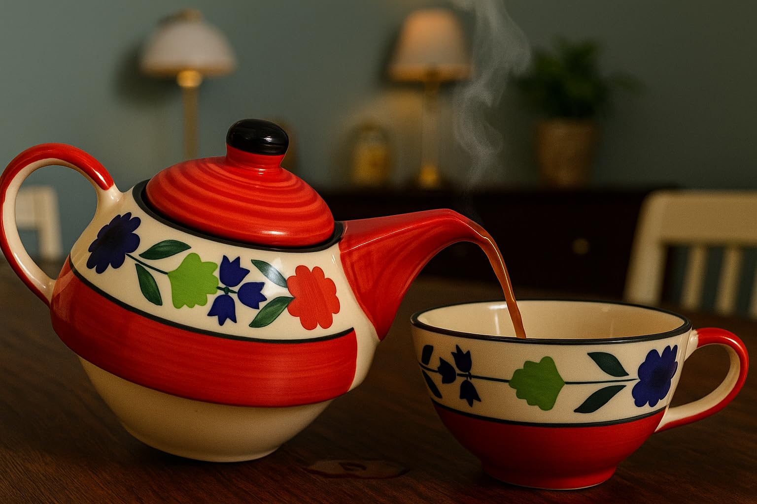 HS HINDUSTANI SAUDAGAR Bloomberry Red Ceramic Tea Pot Kettle with Cup Milk hot Water Cup with Handle teapot Set of 1 Coffee chai Kettle 300ml Masala chai Green Tea Ideal serveware for Gifting. - Image 2 thumbnail