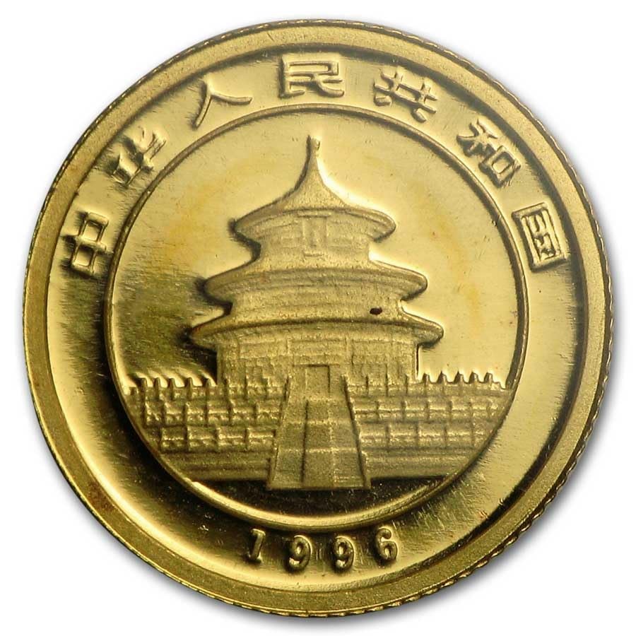 1996 5 Yuan Chinese Panda 1/20 OZ Pure Gold Coin (.999 Purity). Sealed in Government Packaging. Asia's Most Popular Bullion Coin, Made In China. 5 Yuan, Monetized By The China Government. Graded By Seller Sealed