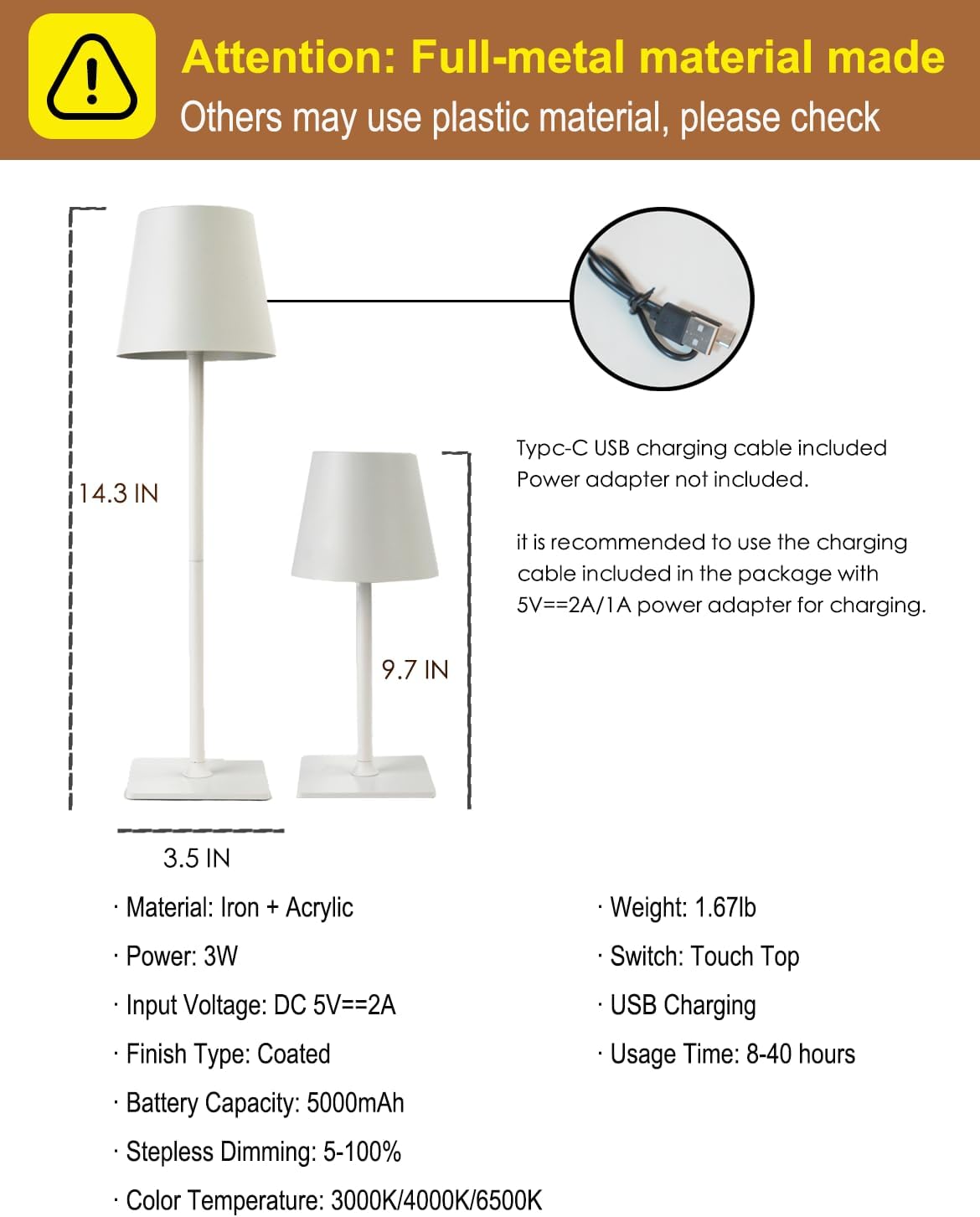 Cordless Table Lamp, Rechargeable Table Lamp with Touch Dimmable Control, Portable LED Desk Lamp for Indoor Patio (White-Rectangle, 1)