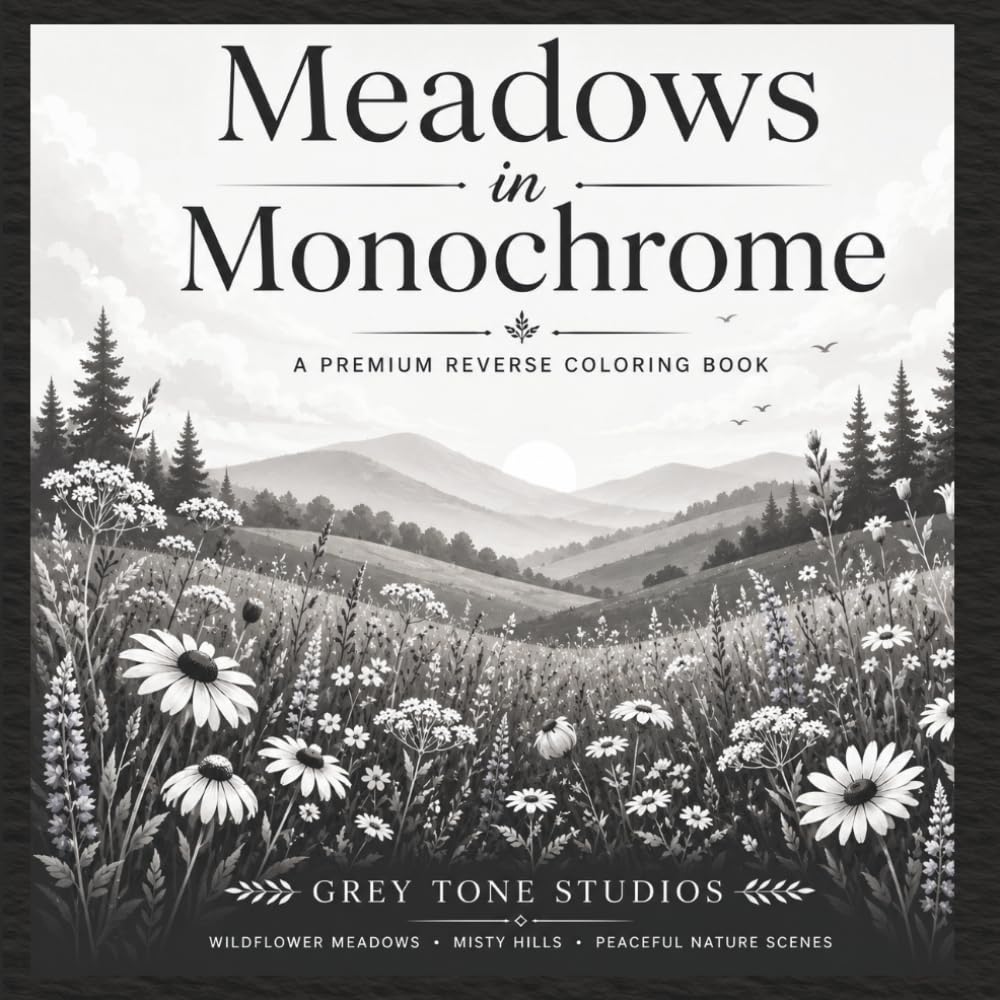 Meadows in Monochrome: A Premium Reverse Coloring Book of Wildflower Meadows, Misty Hills, and Peaceful Nature Scenes
